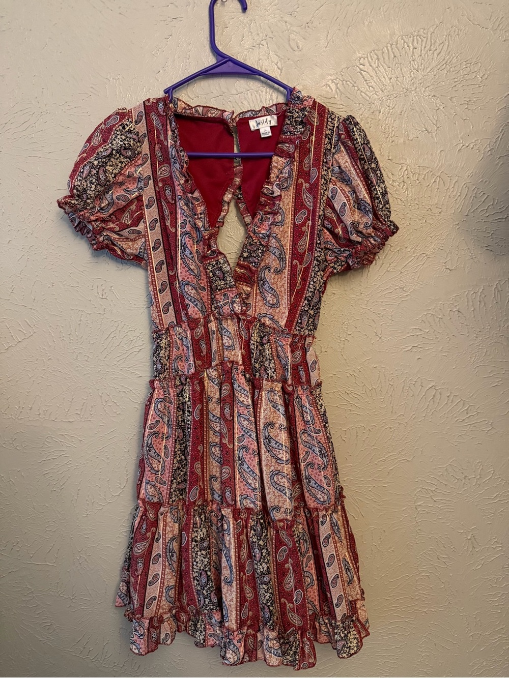Justify Red Paisley V-Neck Tiered Mini Dress
